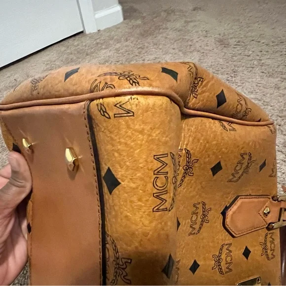 MCM Cognac Visetos Coated Canvas Heritage Boston Bag.